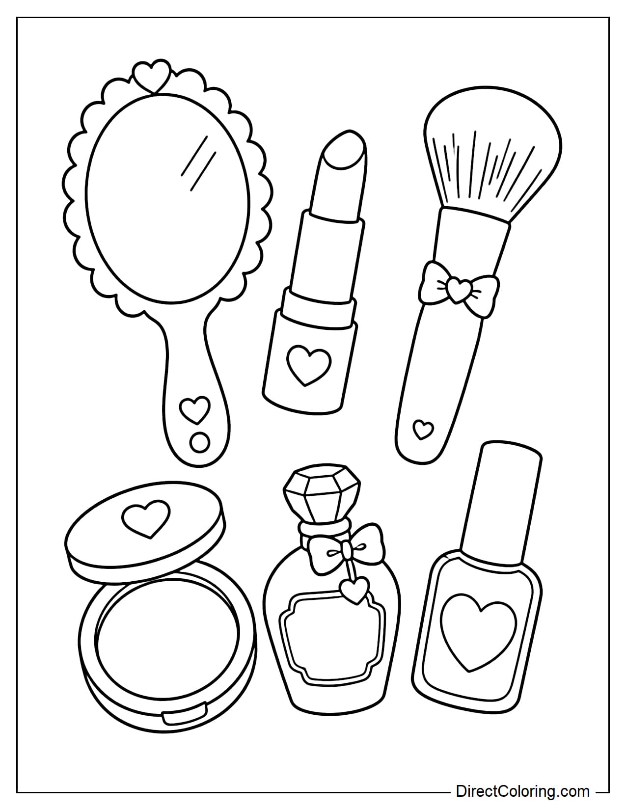 A makeup set featuring six commonly used items: a hand mirror, lipstick, large makeup brush, round compact, mini perfume bottle, and nail polish bottle.