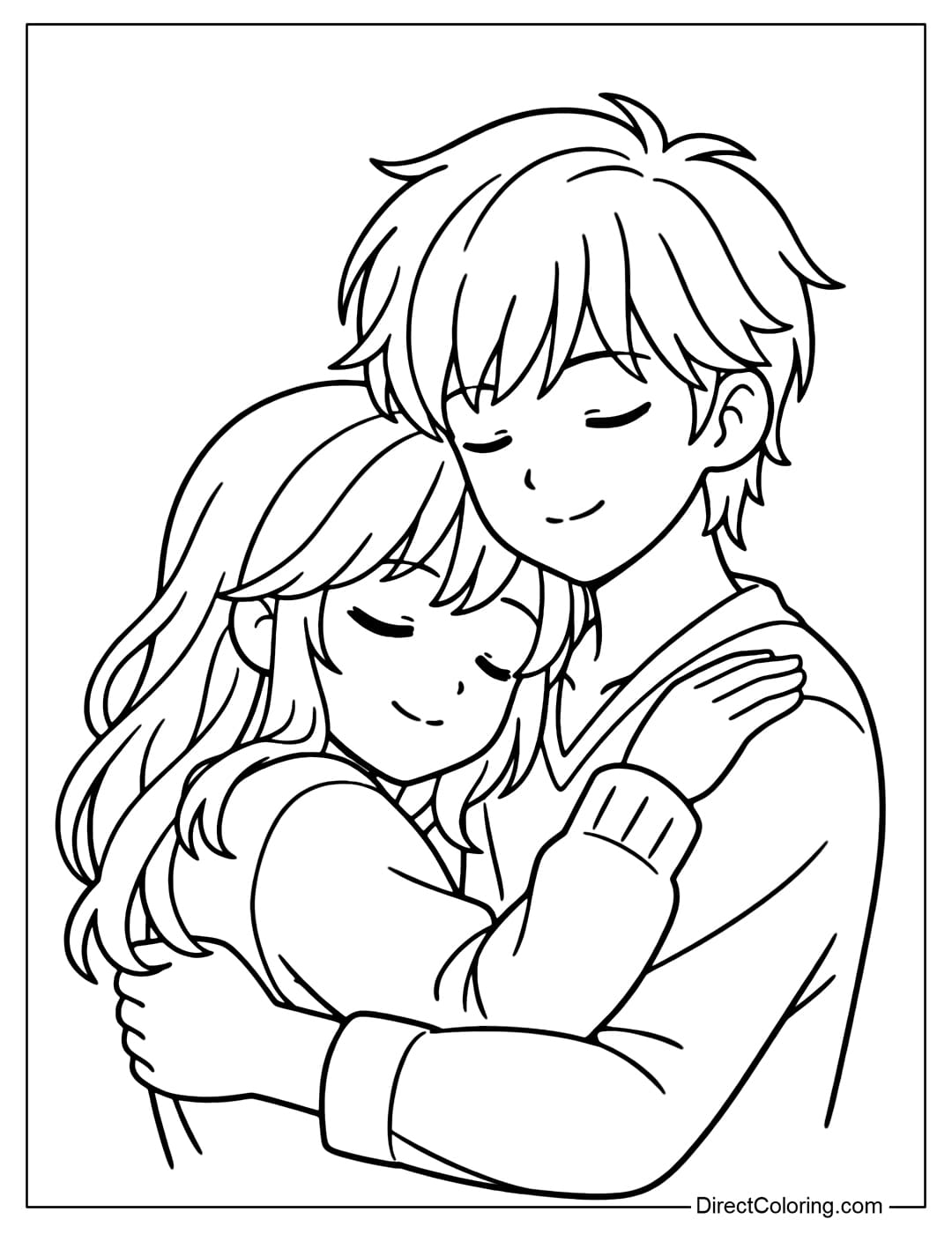 A coloring page featuring a boy and a girl hugging.