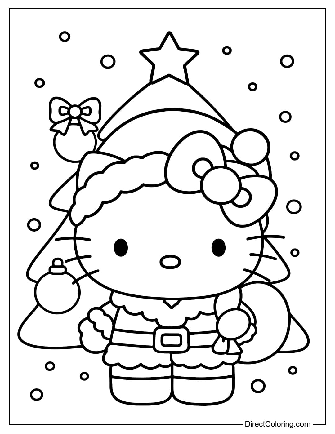 Hello Kitty coloring page in Santa costume holding a small gift bag hanging on her shoulder, with a Christmas tree behind.