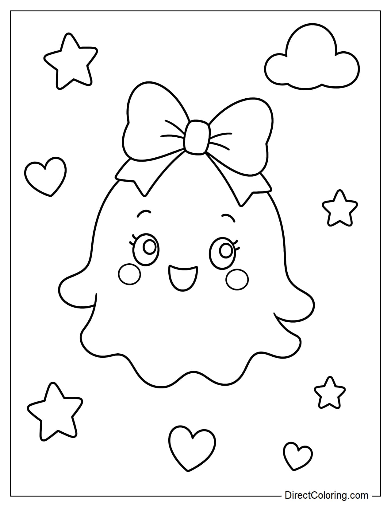 A small, round ghost wears a large bow on its head and floats with a cheerful, adorable expression, surrounded by a few small stars and hearts.