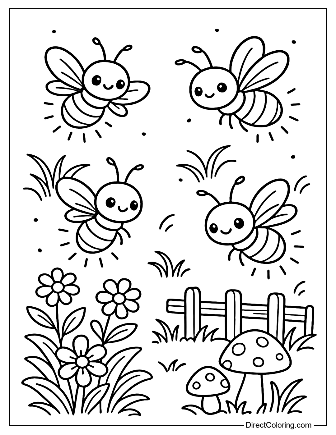 A small firefly coloring page that glows, each firefly has lovely round eyes, flying around in the garden.
