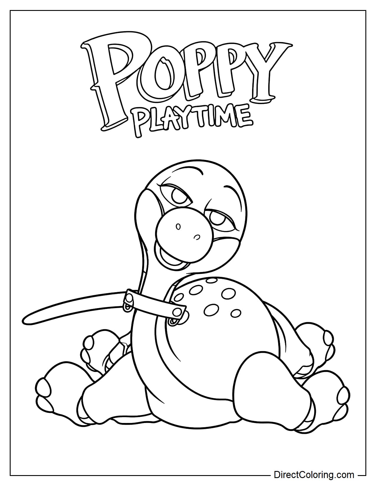Bron, the dinosaur in Poppy Playtime, has a gentle appearance, large eyes, and round spots on its back.