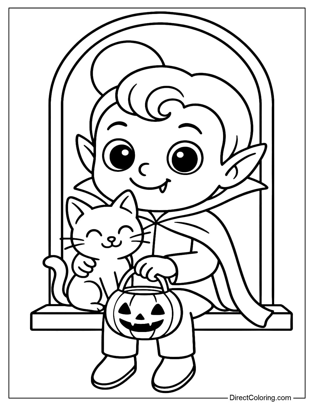 Vampire and Black Cat Coloring Page Coloring page of a vampire holding a cute black cat, sitting on the window under the full moon.