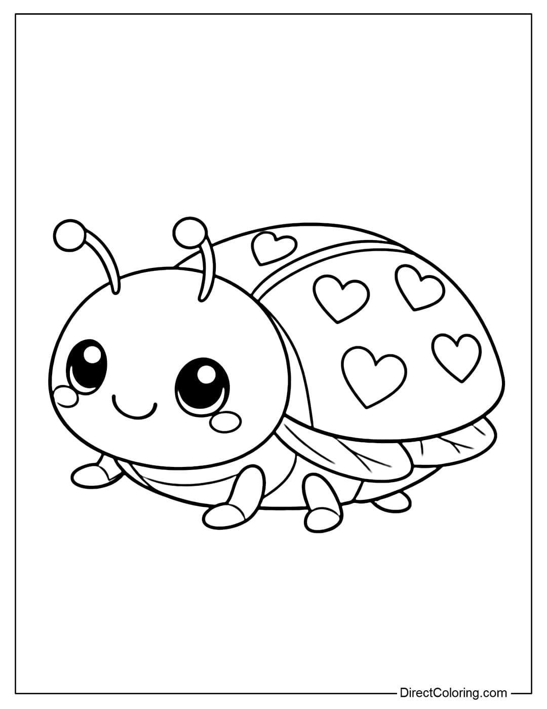 A coloring page of a cute ladybug with a simple round body, the dots on its wings replaced by adorable little hearts.