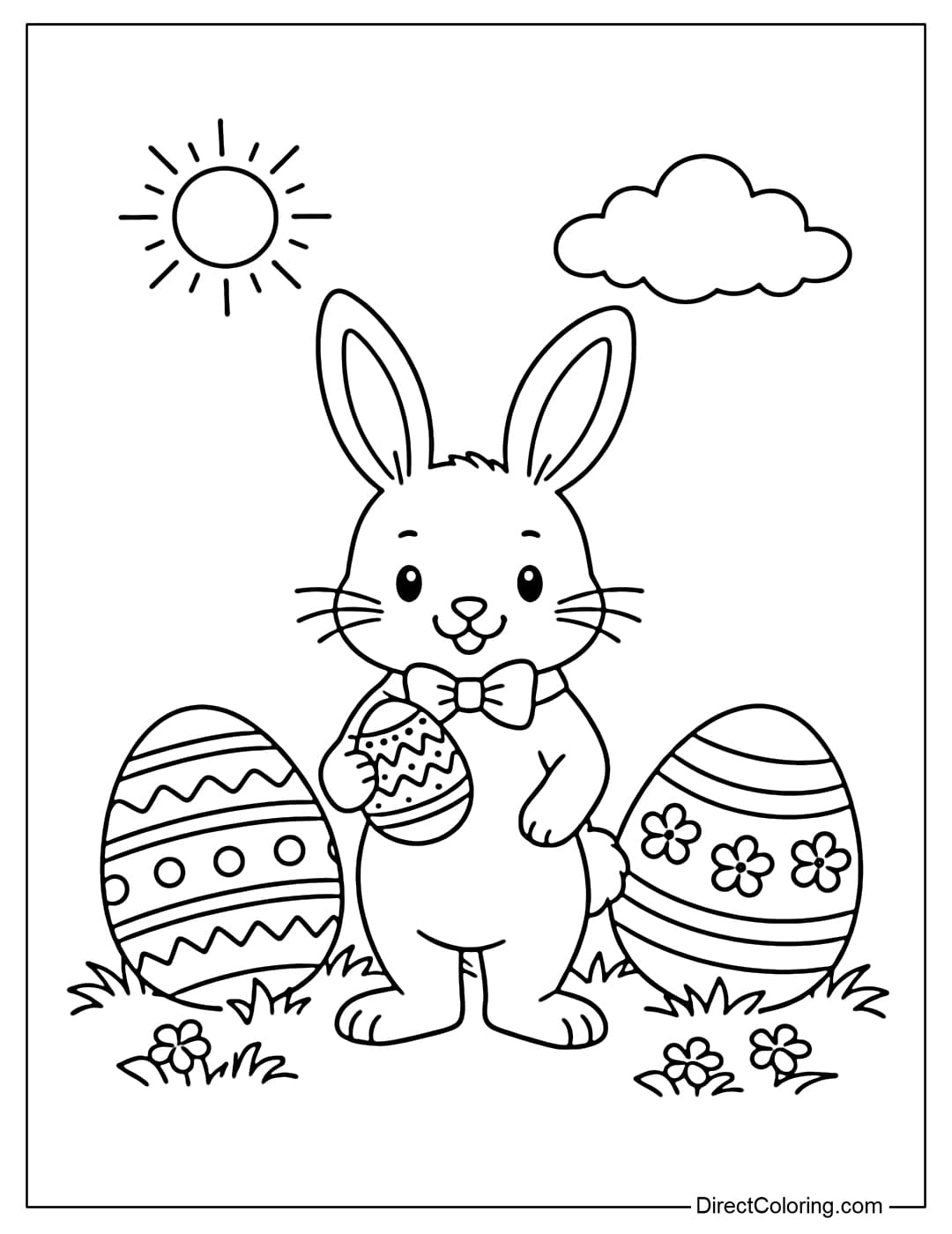 This coloring page shows an Easter bunny standing on a patch of grass, with a small sun and a cloud above it, and two large eggs beside it.