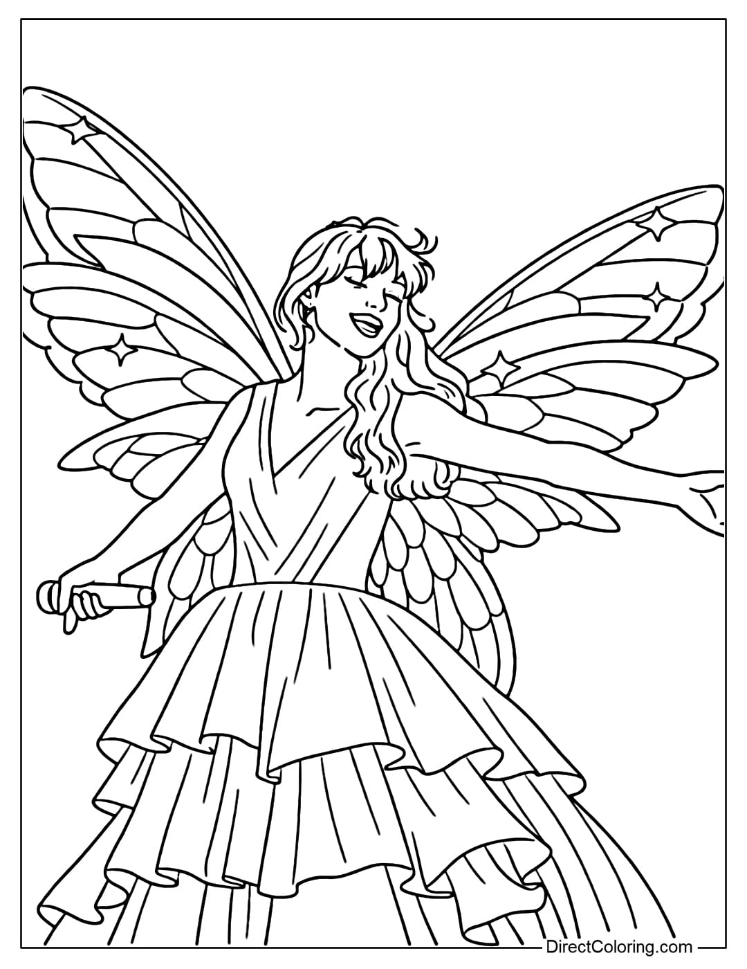 A coloring page of Taylor Swift performing on stage in a ball gown with magnificent fairy wings.