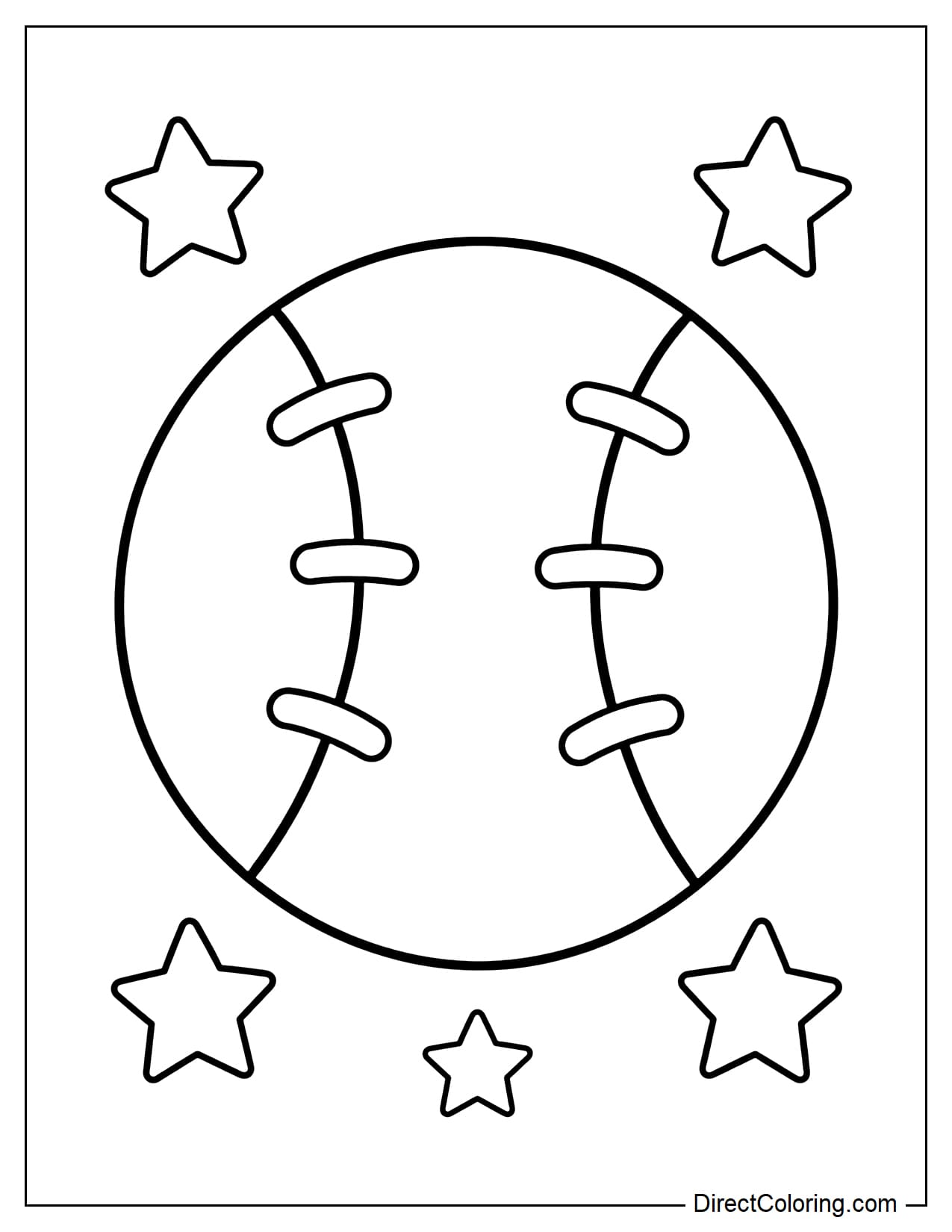A large baseball in the center of the page, surrounded by several small stars.