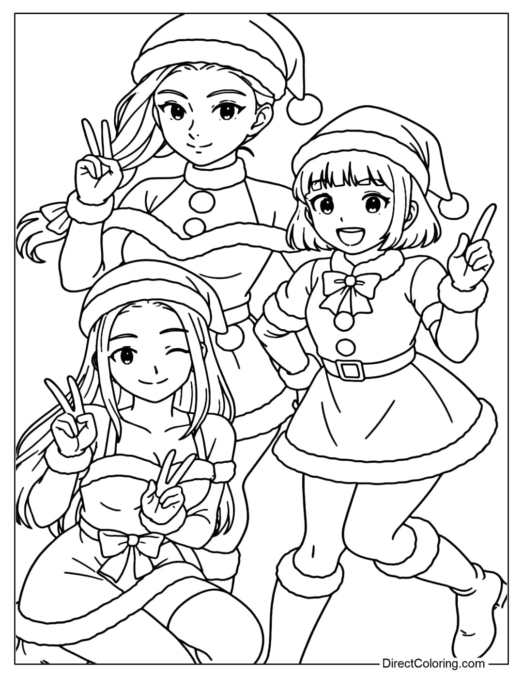 Kpop Demon Hunters Coloring Page Rumi, Zoey and Mira happily pose for Christmas.