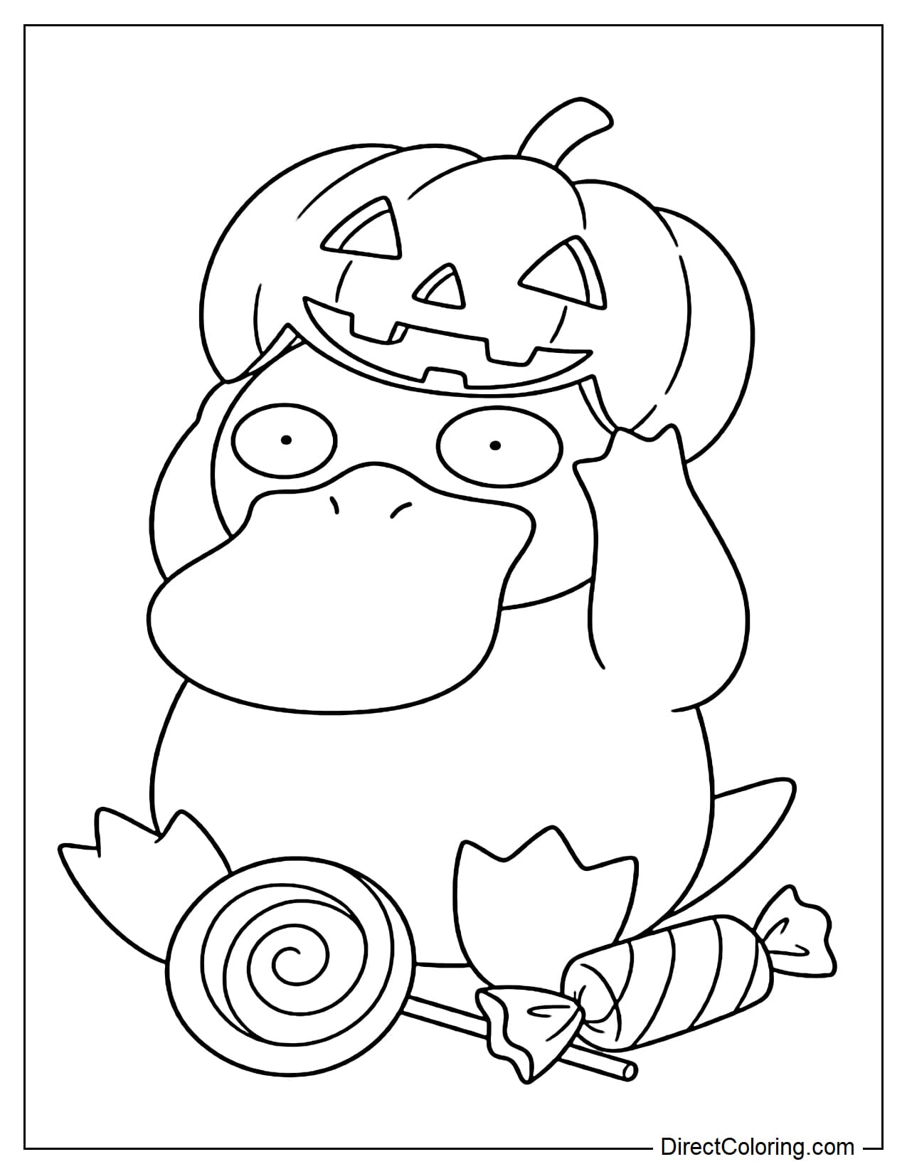 Pokémon Psyduck sitting with a slightly oversized pumpkin hat on its head, holding its cheeks with its familiar puzzled expression, with two large pieces of candy beside it.