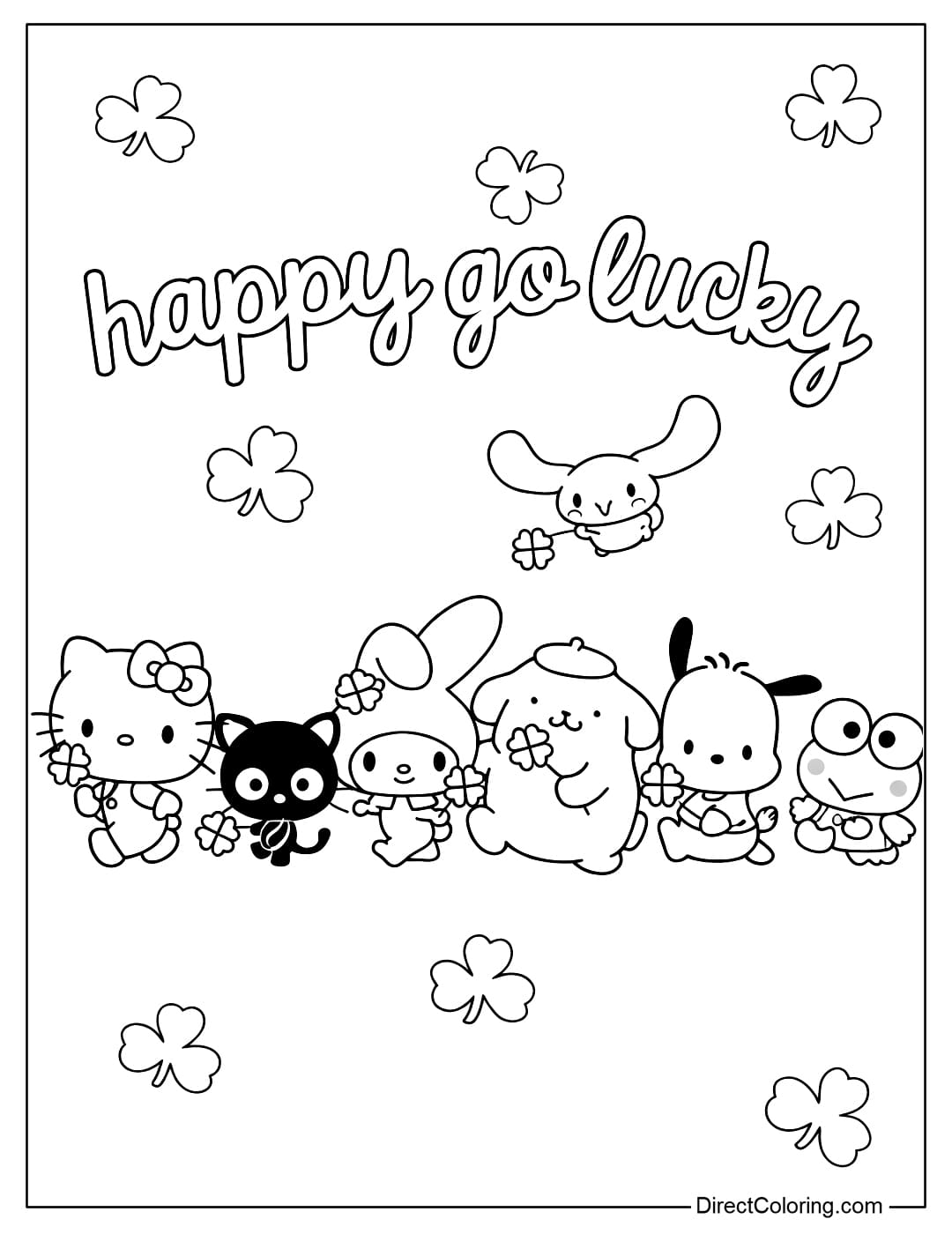A coloring page of a group of Sanrio characters holding four-leaf clovers – a symbol of luck and joy.