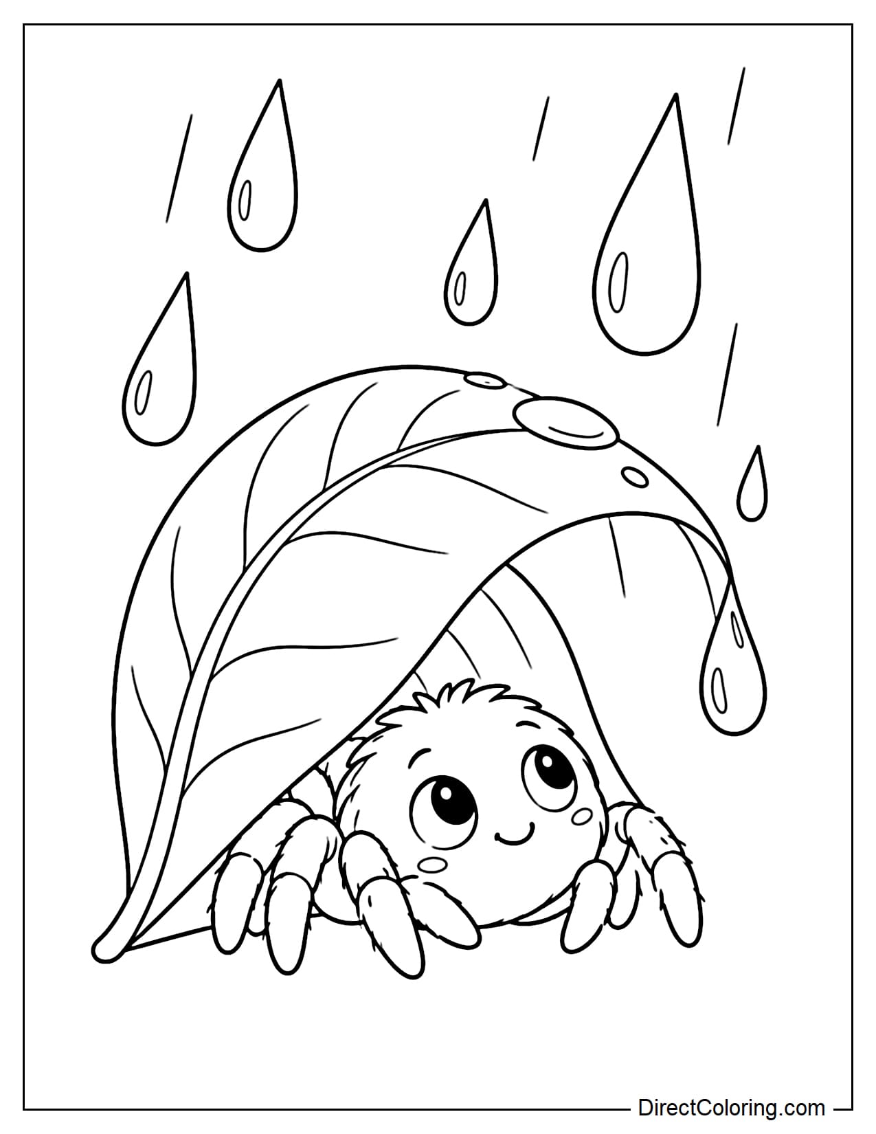 A cute little spider shelters beneath a large curled leaf like a roof, peeking out with a few legs while watching the raindrops fall.