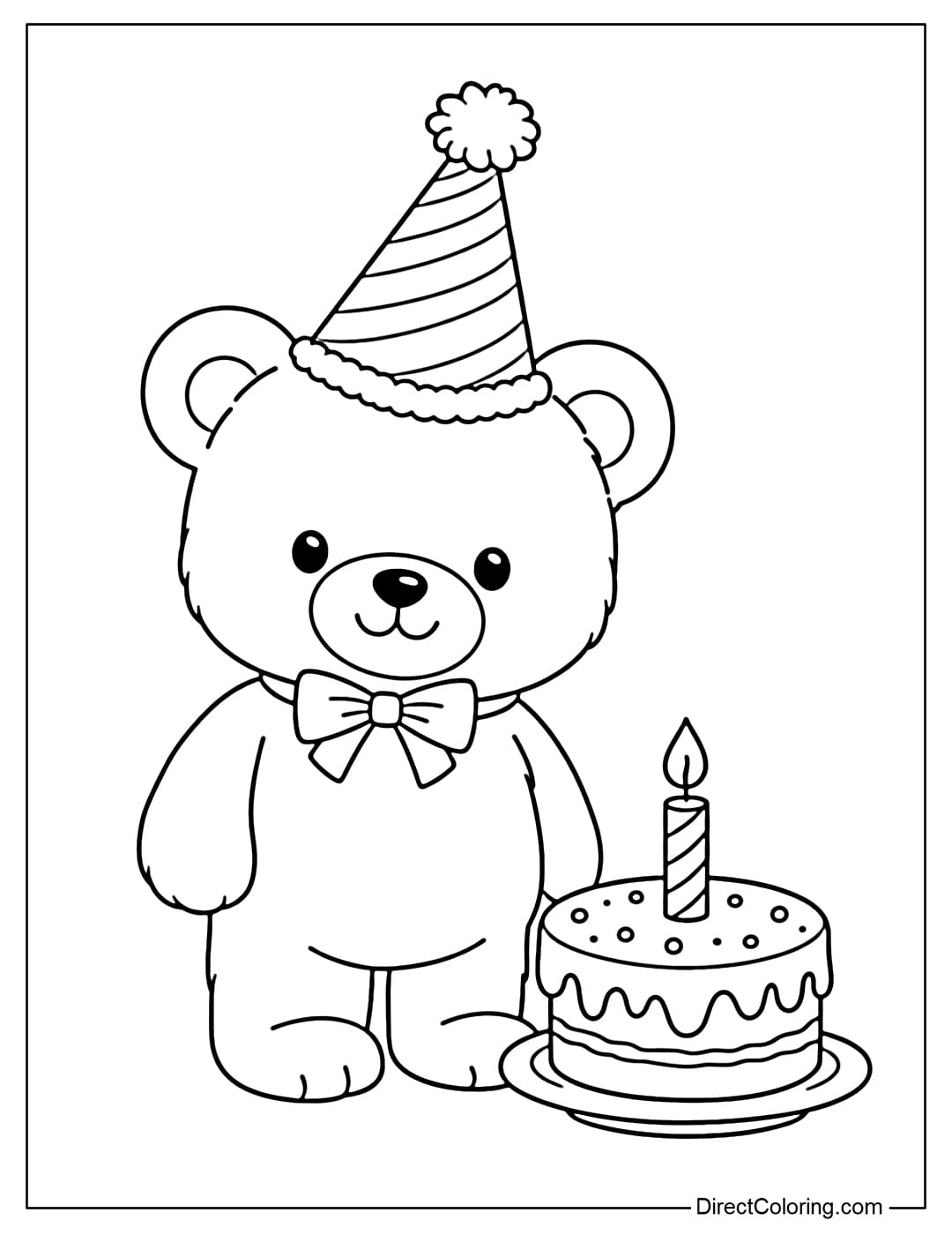 A coloring page featuring a teddy bear wearing a birthday hat and standing next to a small cake.
