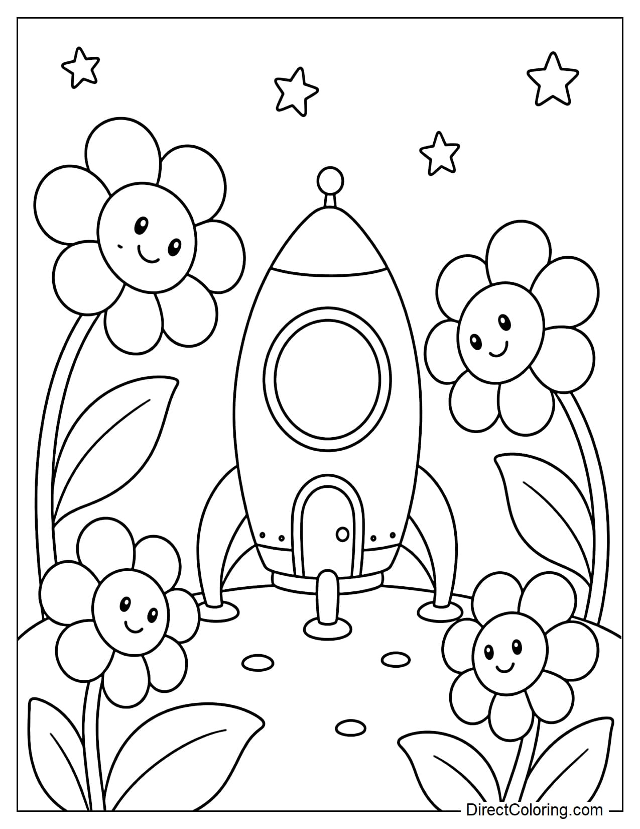 A small rocket that has just landed in a field filled with giant alien flowers.