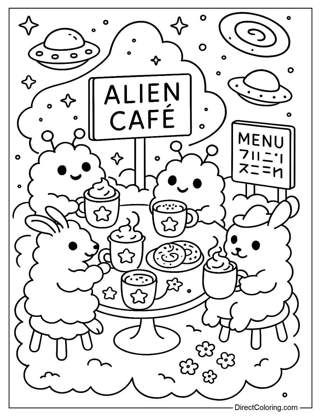 A cloud shaped alien café, with little clouds of aliens drinking star lattes  coloring page
