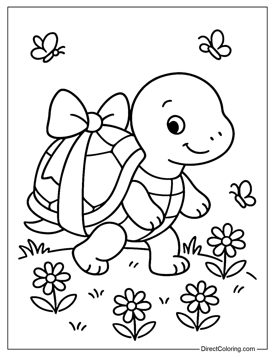 A coloring page of a little turtle wearing a big bow on its back, with a lawn with daisies and small butterflies flying around at its feet, creating a lovely and peaceful atmosphere.