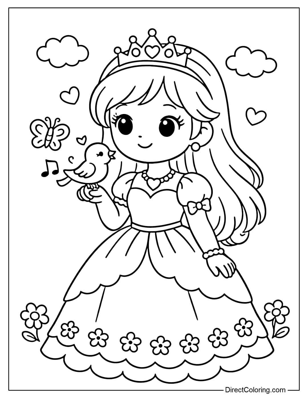 A coloring page featuring a princess with a bird perched on her hand.
