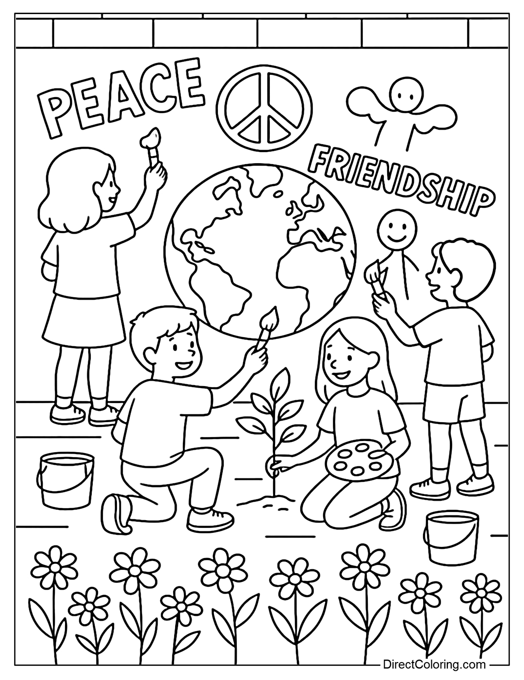 Coloring page of children painting murals about peace, friendship and the Earth.