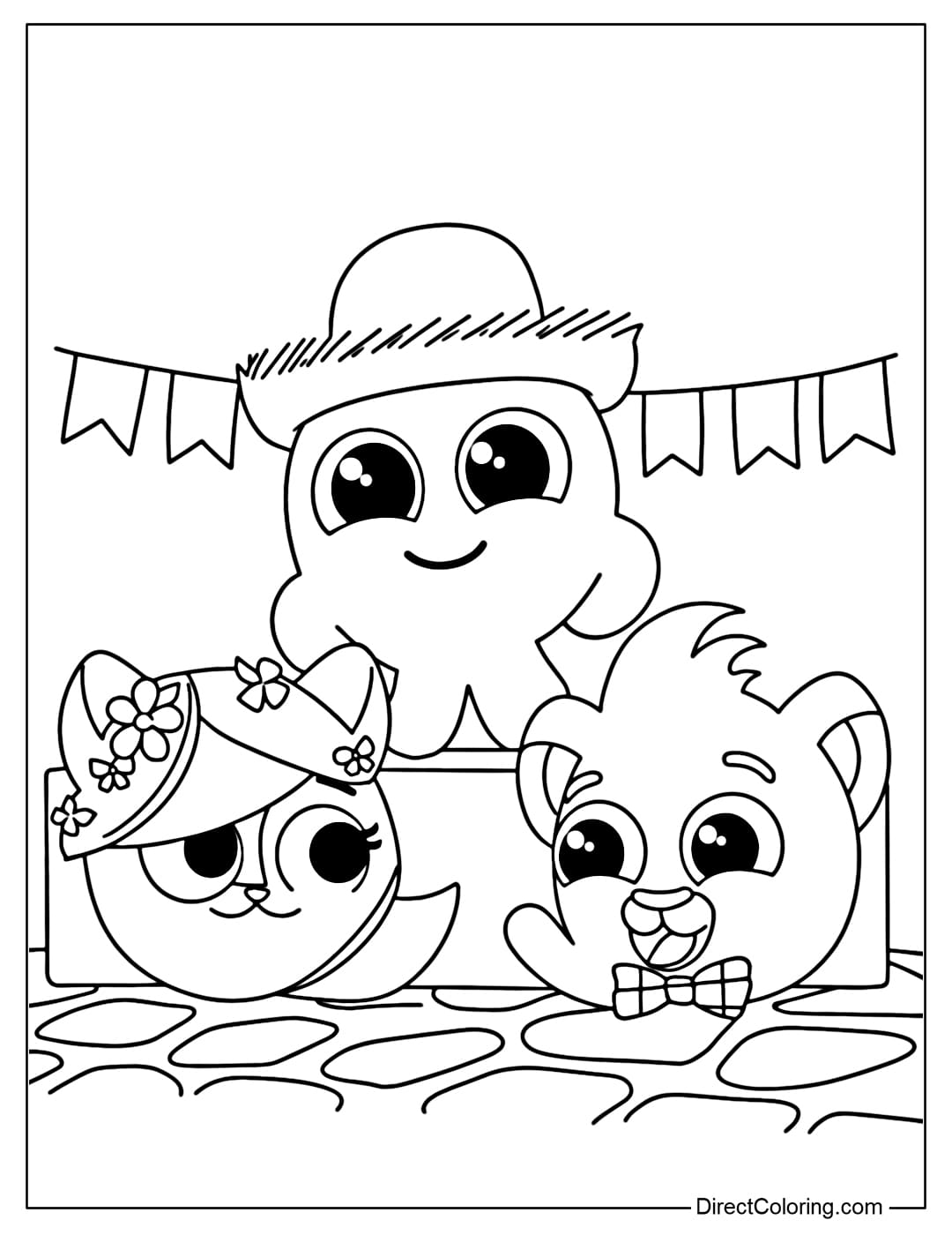 Coloring page of three Bolofofos characters attending a festival.