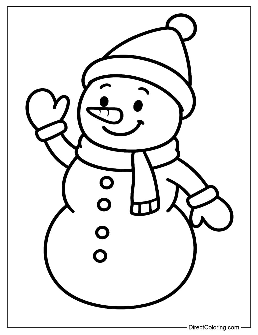 A happy snowman coloring page, standing and waving, wearing a top hat and gloves.