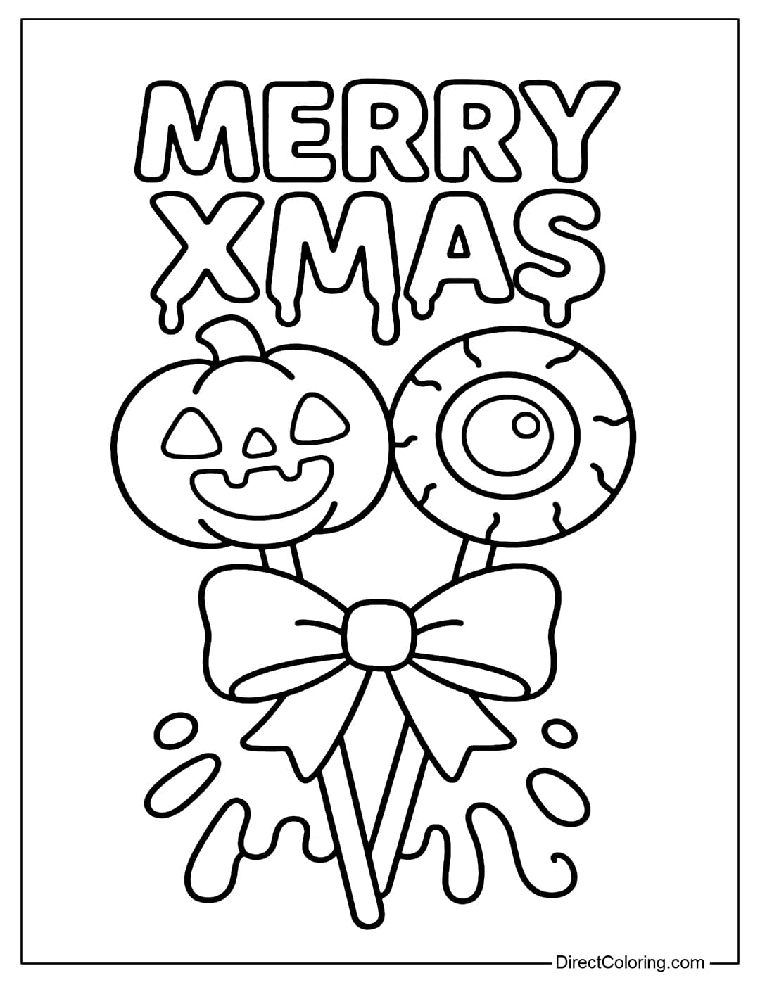 A two lollipops coloring page with pumpkins and eyes, with bows and the words Merry XMAS.