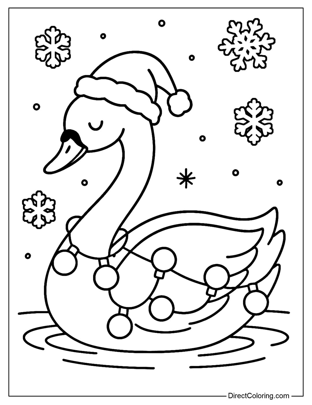 A swan coloring page wearing a small Santa hat that is slightly askew, with a string of Christmas lights wrapped around it.
