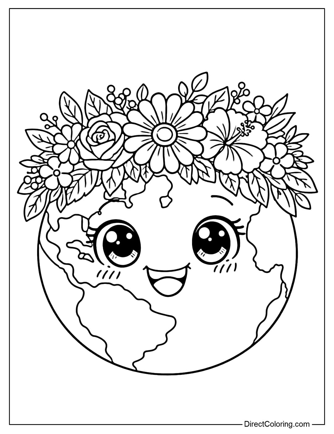 A coloring page of an Earth with big, sparkling eyes and a radiant smile, wearing a large flower crown on its head.