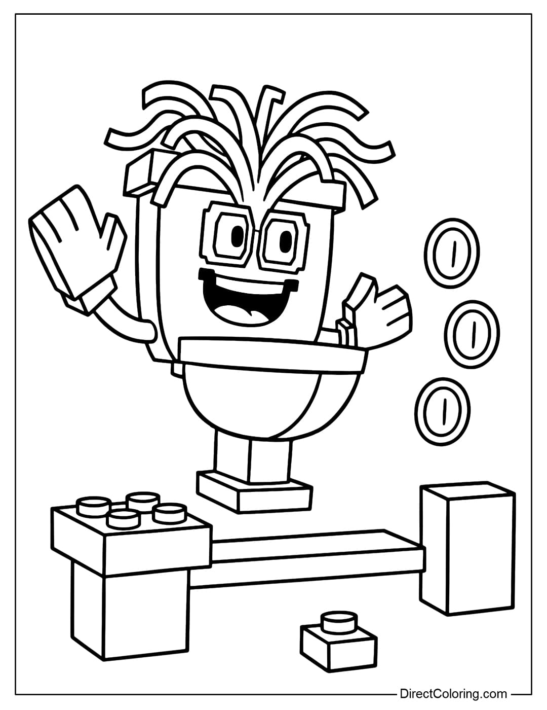 Spaghetti Tualetti coloring page running on a platform-style track, with large brick-shaped jump pads, a simple lego bridge, and a few floating round coins.