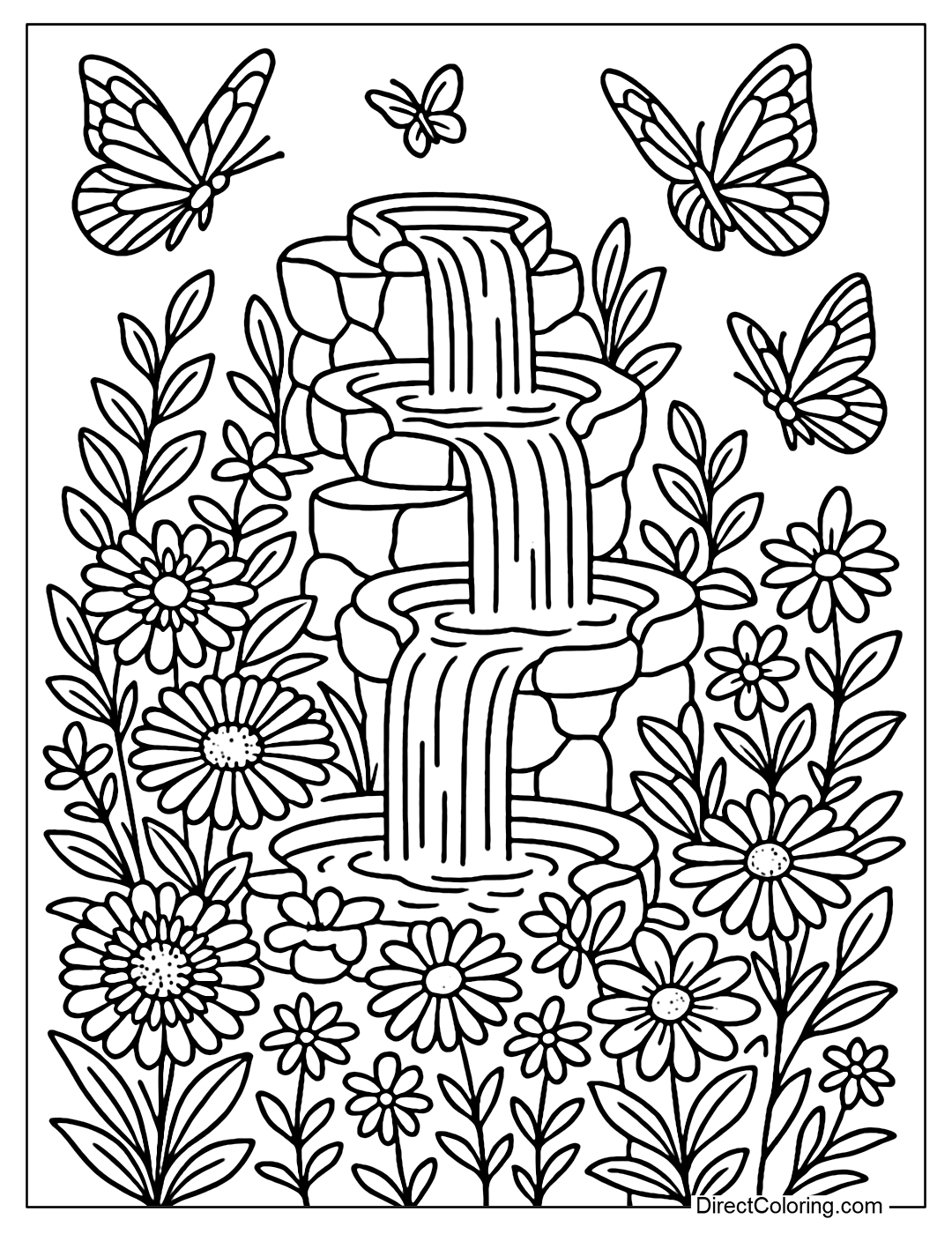 A small waterfall coloring page in the middle of a butterfly garden, colorful zinnias, daisies, many butterflies flying around
