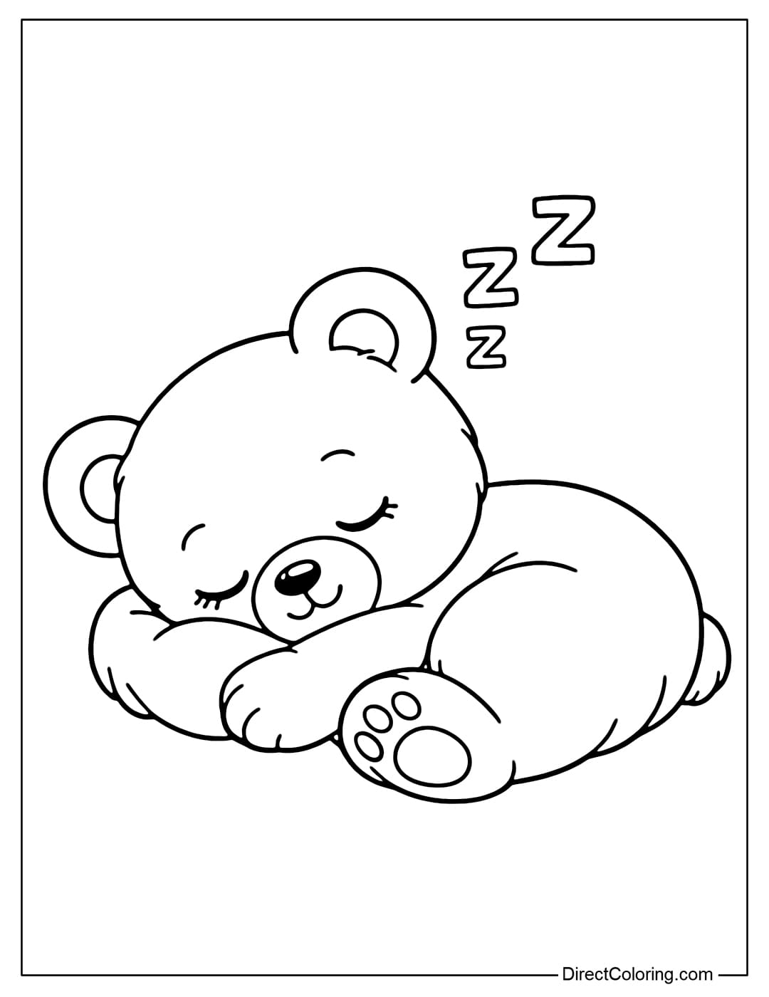 Coloring page of a teddy bear sleeping soundly with its eyes closed and a cute curled-up position.