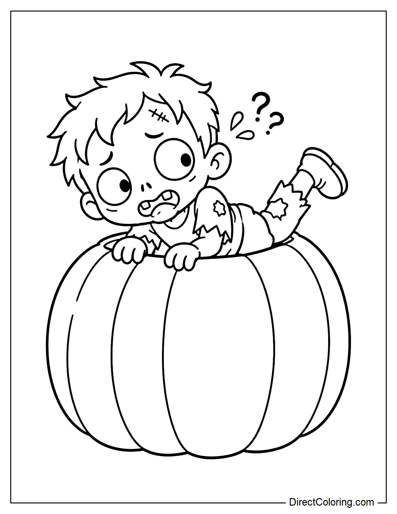 A zombie is accidentally stuck halfway inside a giant pumpkin, pushing against the rim while lifting one leg as it tries to climb out.