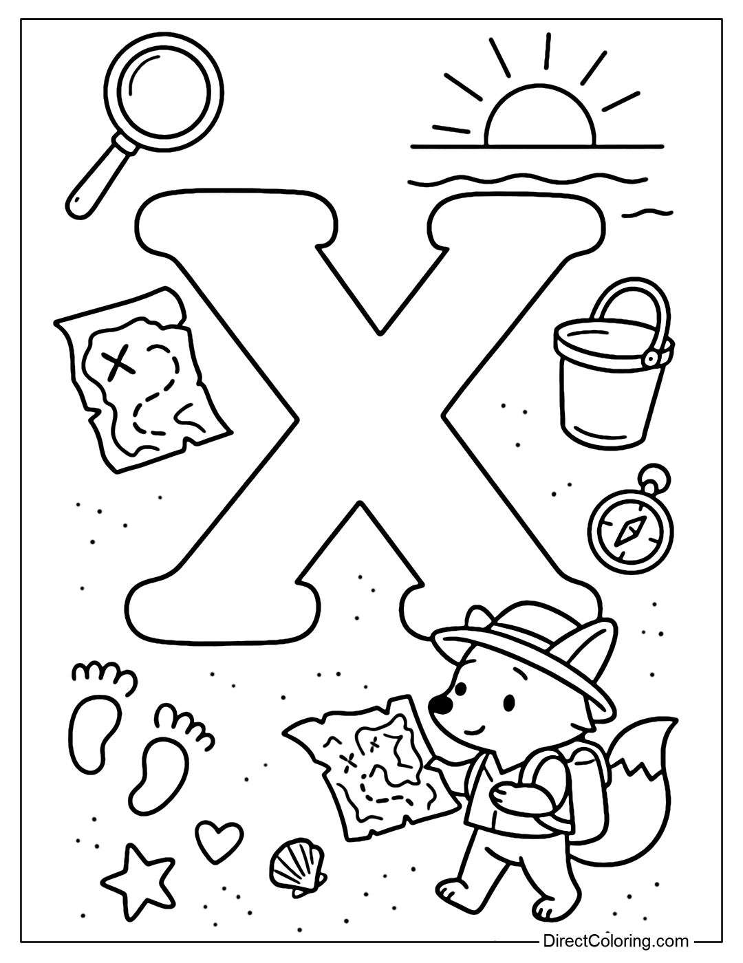 The letter X coloring page is decorated with a beach exploration theme. Next to the letter X is a small magnifying glass, an old treasure map, a sand bucket, and a mini compass, a fox wearing a cloth hat, wearing a backpack, and holding a map.