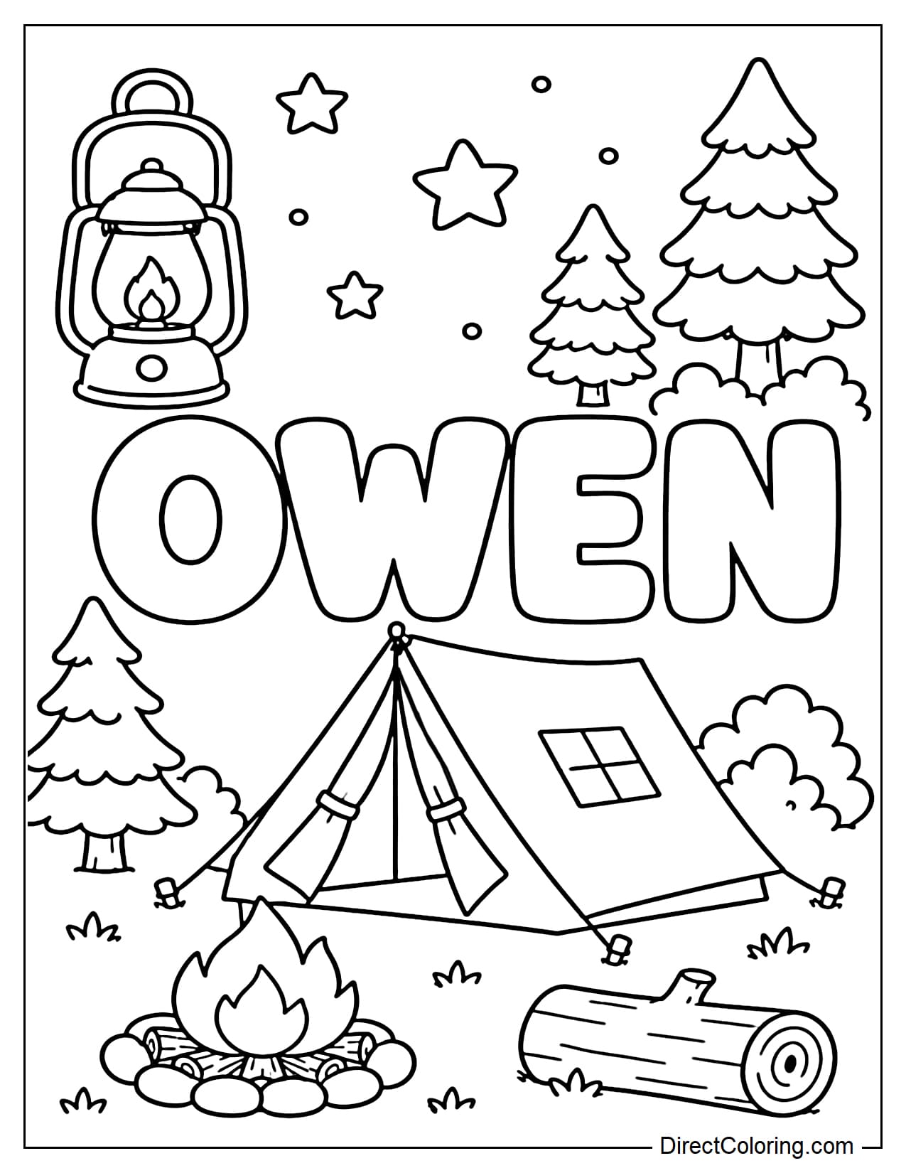 Owen's name is written in large, clear letters, surrounded by a camping tent, campfire, lantern, pine tree, and a few stars.