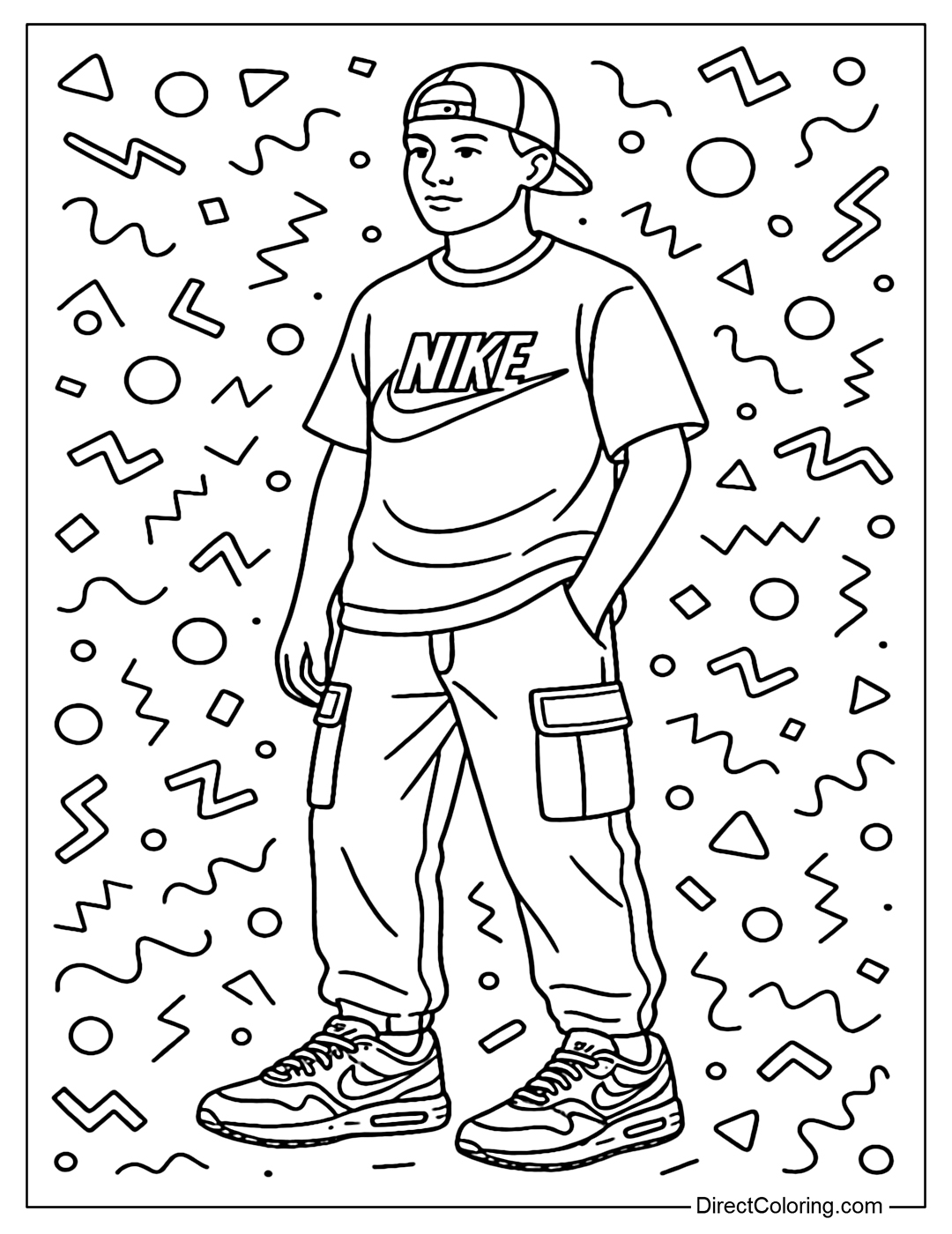 A 90s Nike fashion style coloring page, classic Air Max shoes, cargo pants, loose T-shirts, and a retro pattern background.