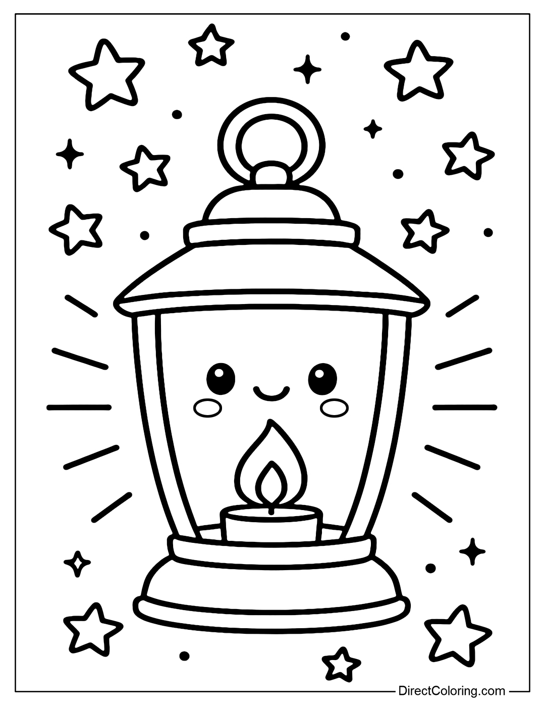 A cute lantern coloring page that shines brightly, surrounded by little stars dancing in the night sky.