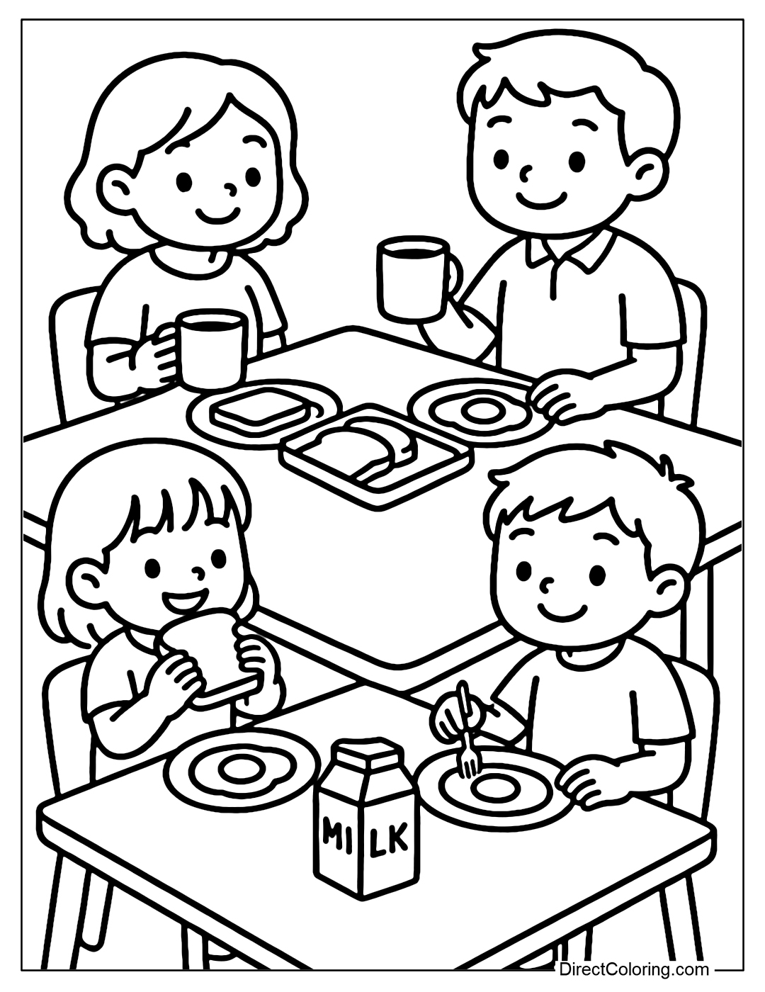 A coloring page of a family having breakfast at the dining table, with milk, toast and eggs, with warm morning smiles.