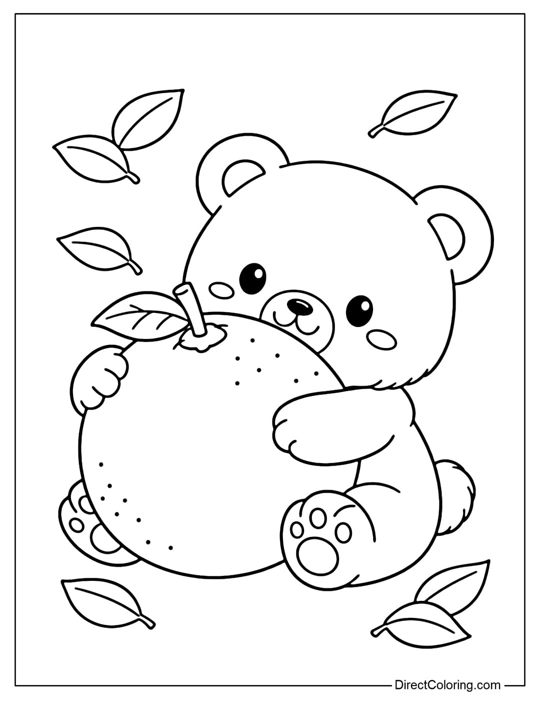 Coloring page of a cute teddy bear hugging a large, round, adorable orange.