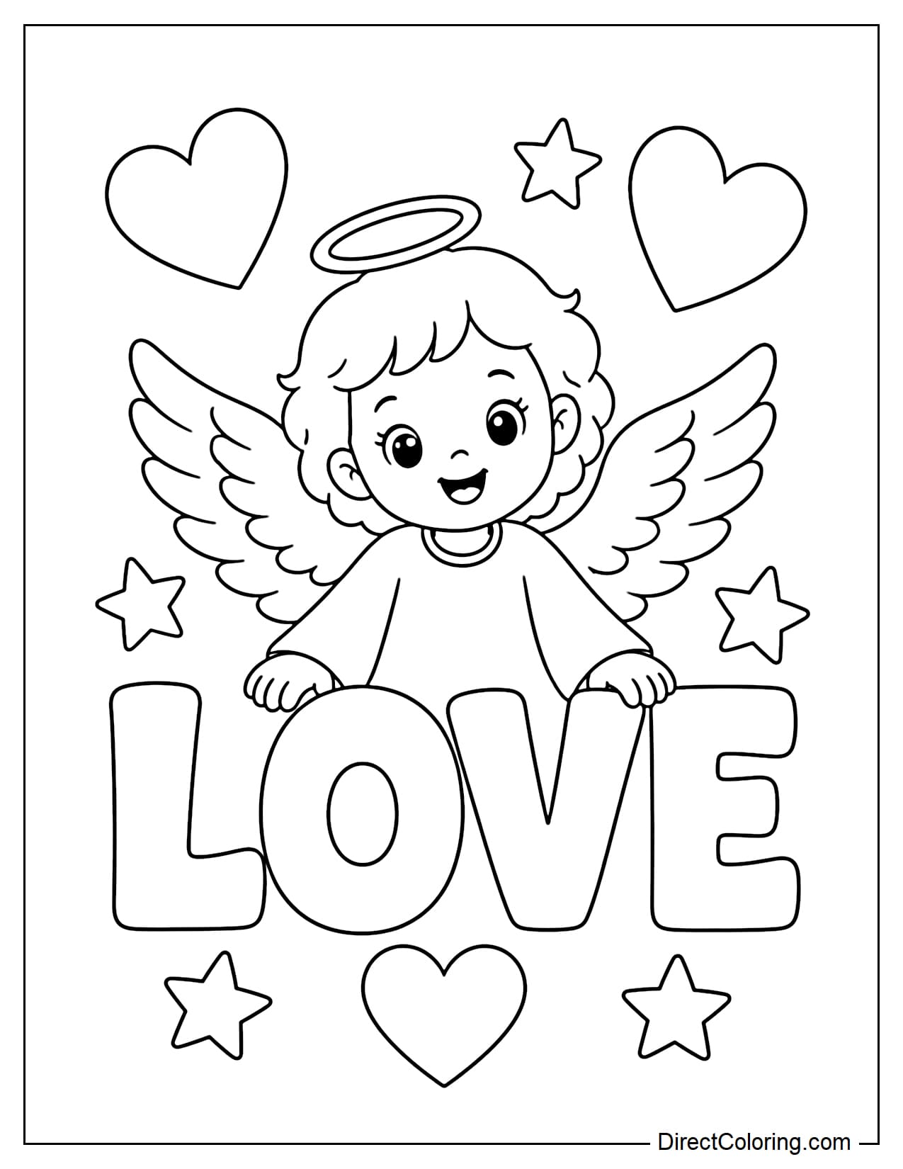A little angel stands behind the large, capitalized word 