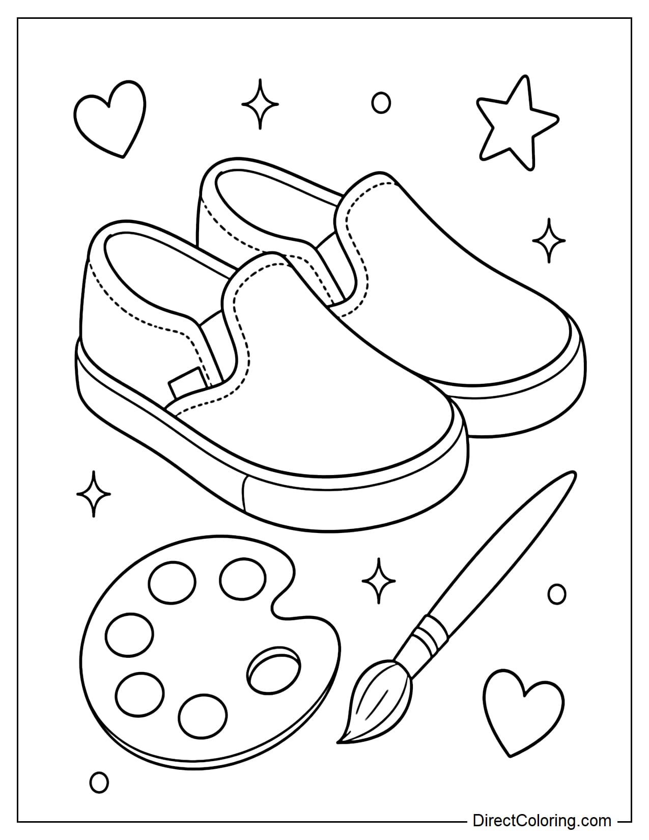 A pair of simple canvas slip-on shoes with wide uppers, placed beside a small paint palette and a paintbrush.