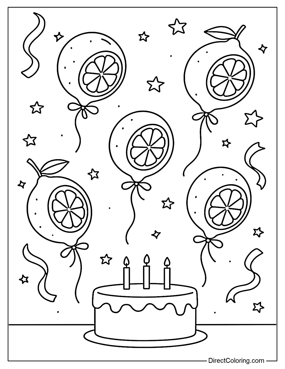 A coloring page of lemons flying like balloons at a birthday party, with bows and stars.