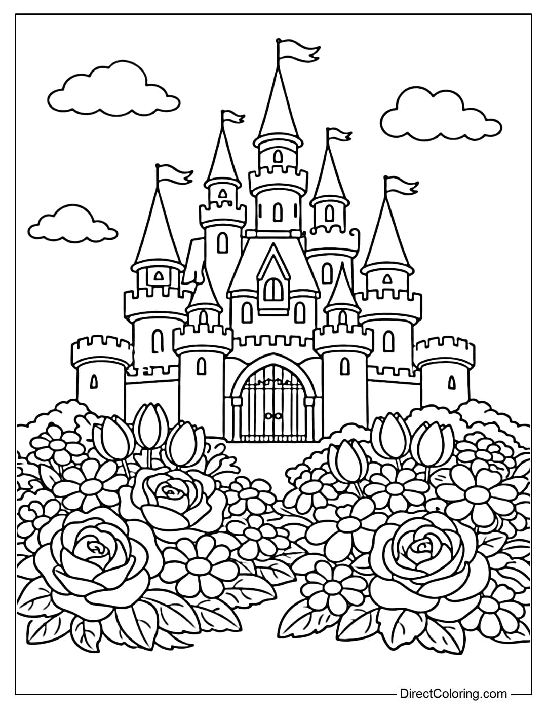 A coloring page of a fairy castle with a large flower garden in front of the gate.