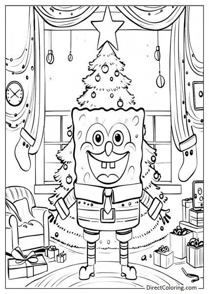 SpongeBob with Christmas tree coloring page