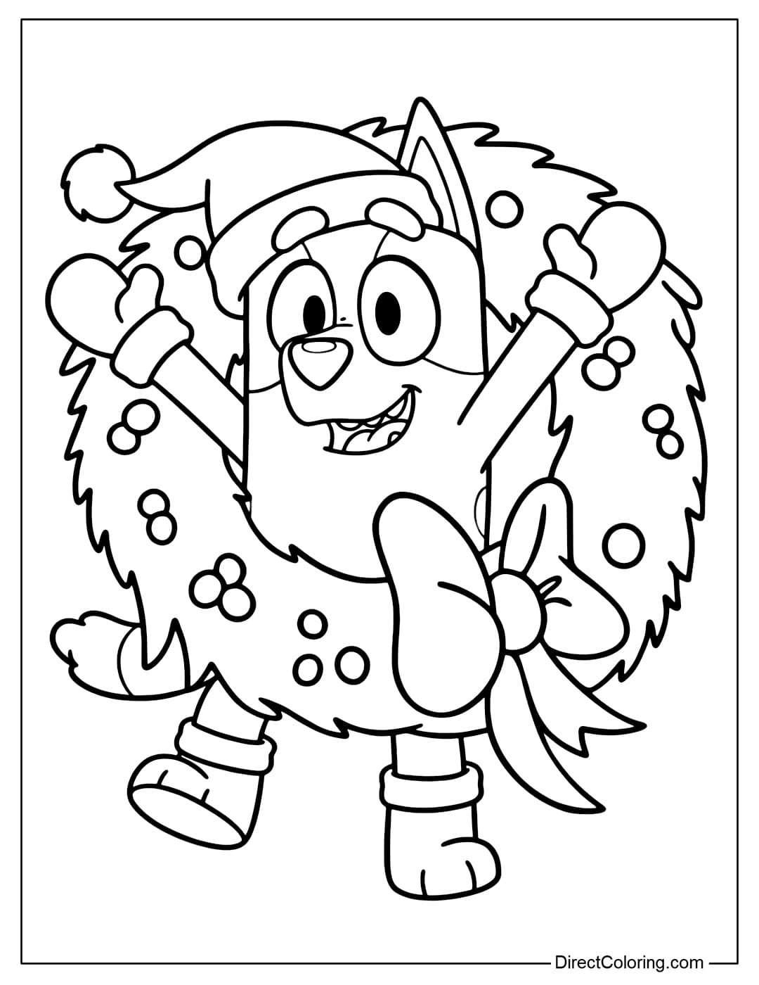 Coloring Page of Bluey wearing a Christmas hat, happily crawling into the middle of a large laurel wreath with a bow and decorative fruit.