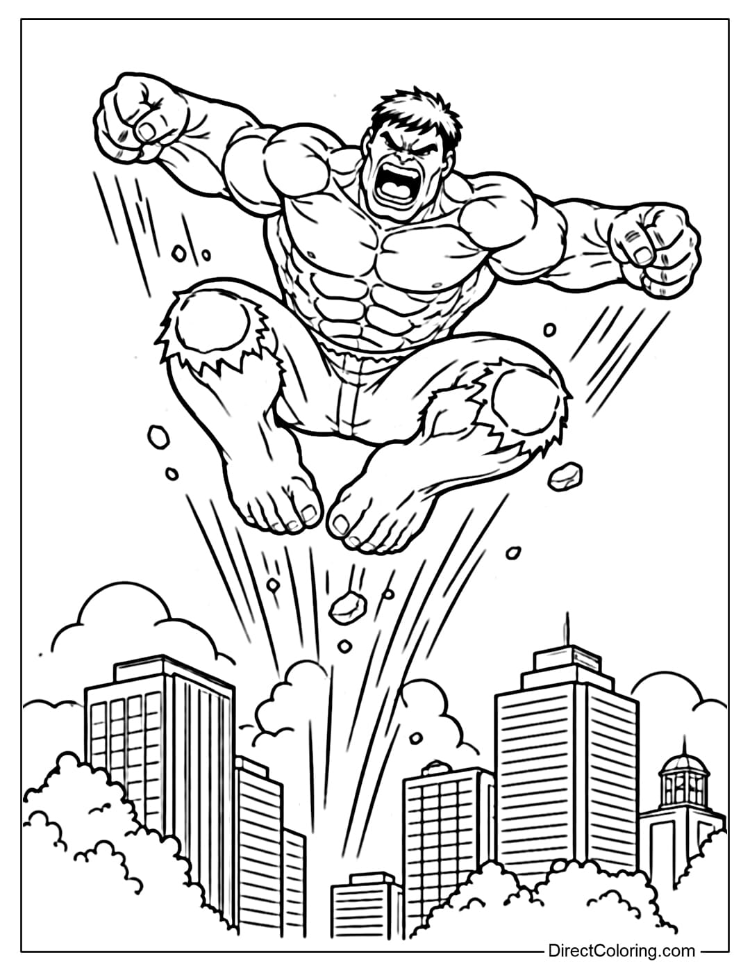 A coloring page of Hulk jumping very high, legs bent and arms outstretched, with some simple buildings below.