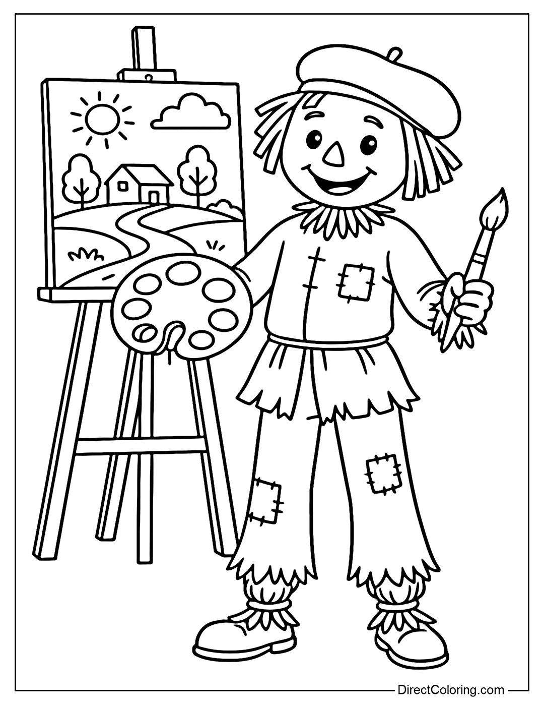 A scarecrow coloring page, wearing a beret, holding a palette and a paintbrush, behind is a completed countryside painting.