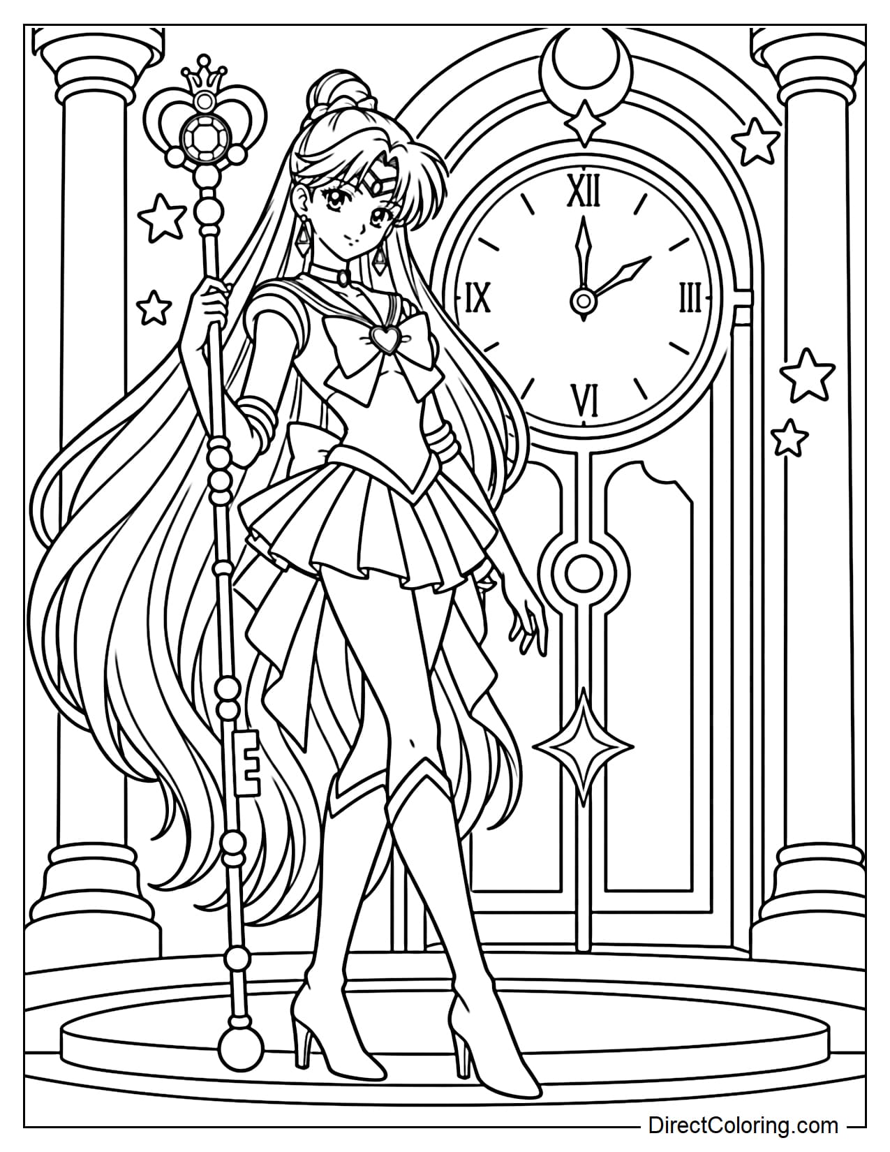 Sailor Pluto (Setsuna Meioh) stands beside the enormous Space-Time Door. She holds her Garnet Rod in one hand, featuring a heart-shaped top with a large gemstone, while gently resting her other hand on her hip.