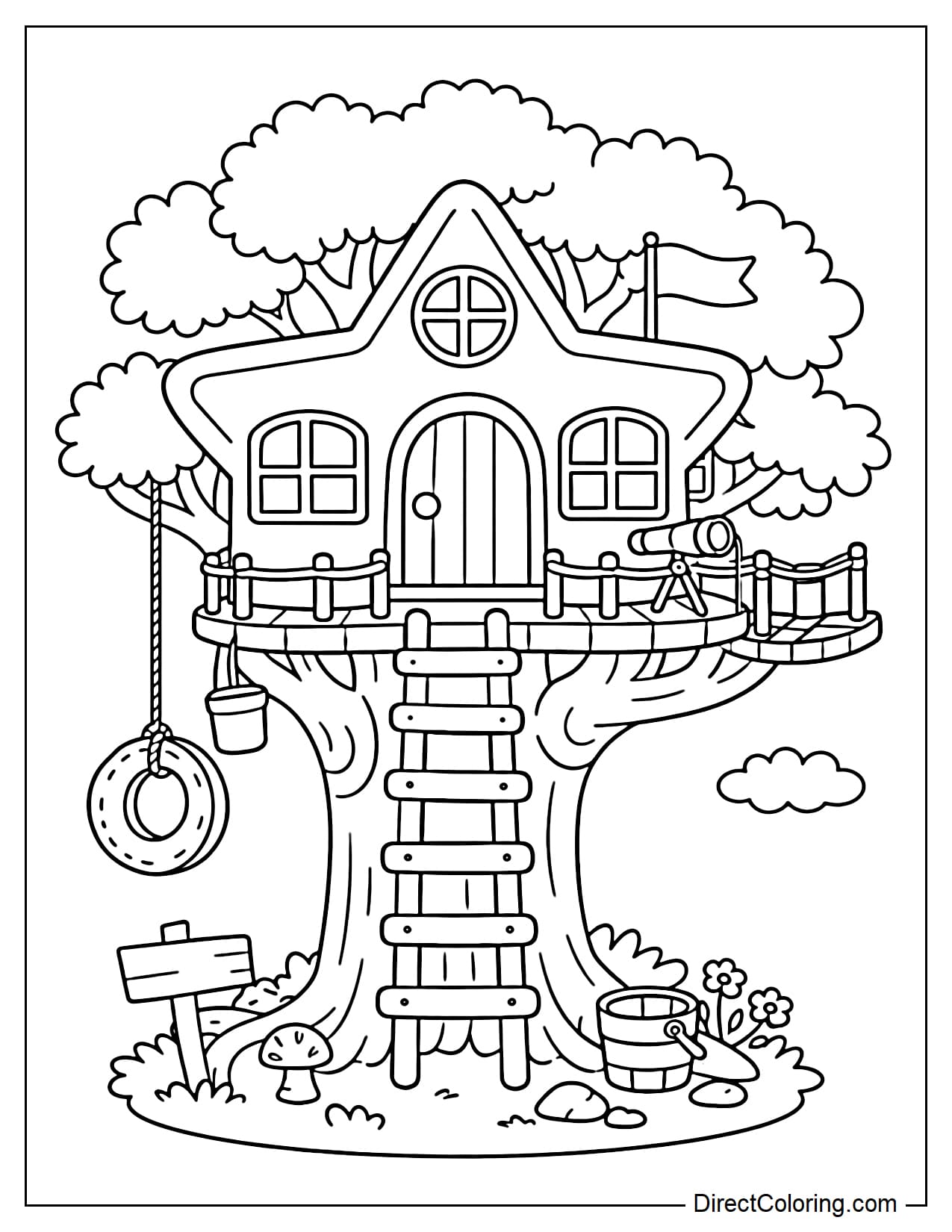 A star-shaped treehouse perched on a tree, with softly rounded edges and large windows.