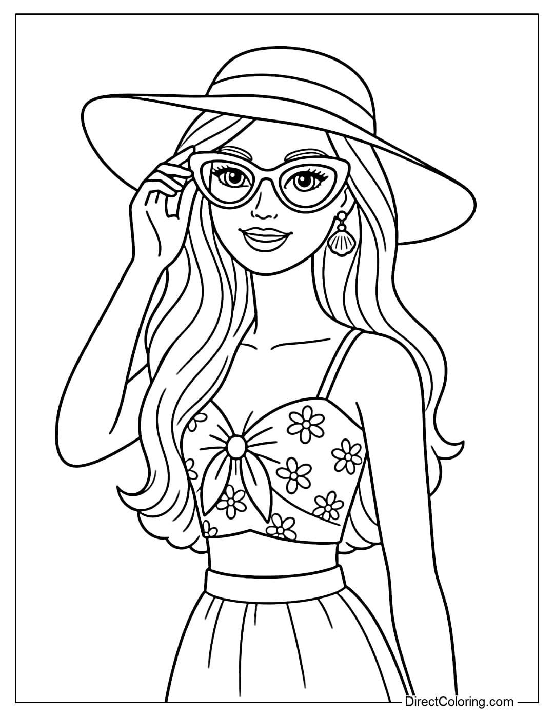 A coloring page of Barbie wearing a summer outfit with a hat and sunglasses.