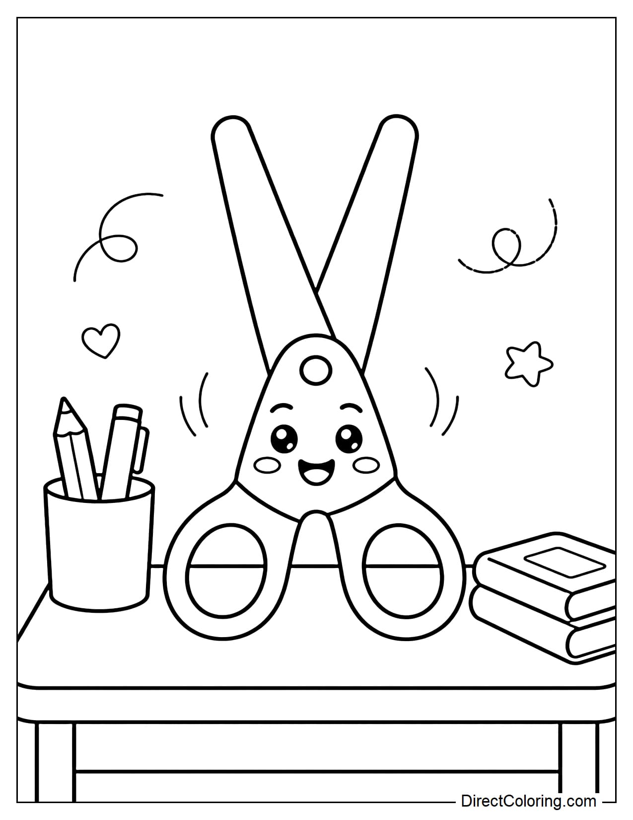 Student safety scissors with a smiling face, sitting on a simple desk.
