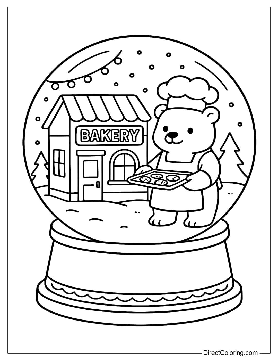 A coloring page with a mini bakery where a polar bear chef is holding a tray of cookies.