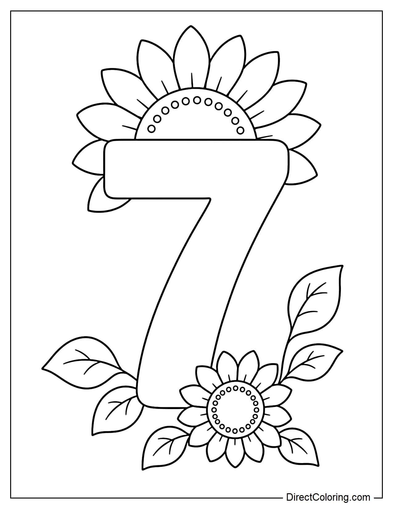 A large, simple number 7, with a sunflower peeking out from behind the top of the number, and a small, slightly off-center sunflower in front of the number's base, interspersed with a few simple leaves.